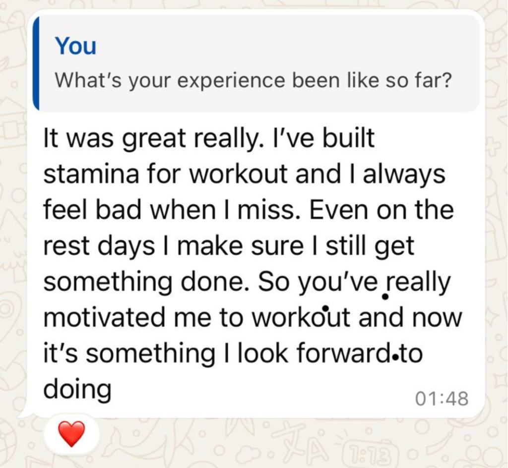 WhatsApp message about building workout stamina